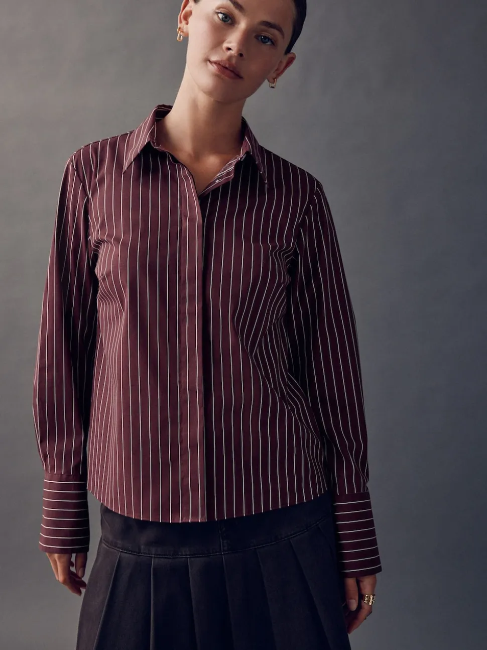 Burgundy Stripe Fitted Stretch Essential Long Sleeve Shirt
