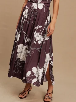 Burgundy/Ecru Floral Print Satin Midi Skirt