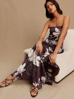 Burgundy/Ecru Floral Print Satin Midi Skirt