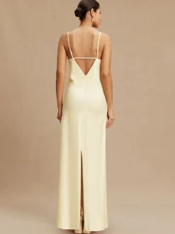 Buttermilk Yellow Satin Cowl Neck Wedding Guest Bridesmaid Maxi Dress