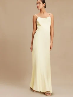 Buttermilk Yellow Satin Cowl Neck Wedding Guest Bridesmaid Maxi Dress