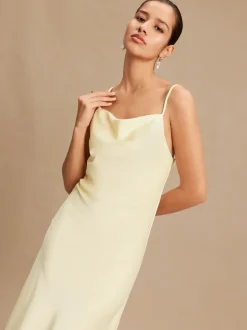 Buttermilk Yellow Satin Cowl Neck Wedding Guest Bridesmaid Maxi Dress