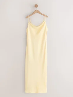 Buttermilk Yellow Satin Cowl Neck Wedding Guest Bridesmaid Maxi Dress