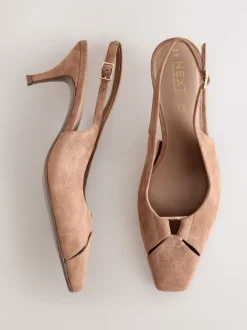 Camel Brown Leather Cutout Hardware Detail Slingback Heels