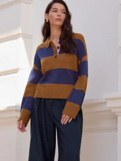 Camel Brown/Blue Stripe 100% Wool N.Premium Polo Jumper