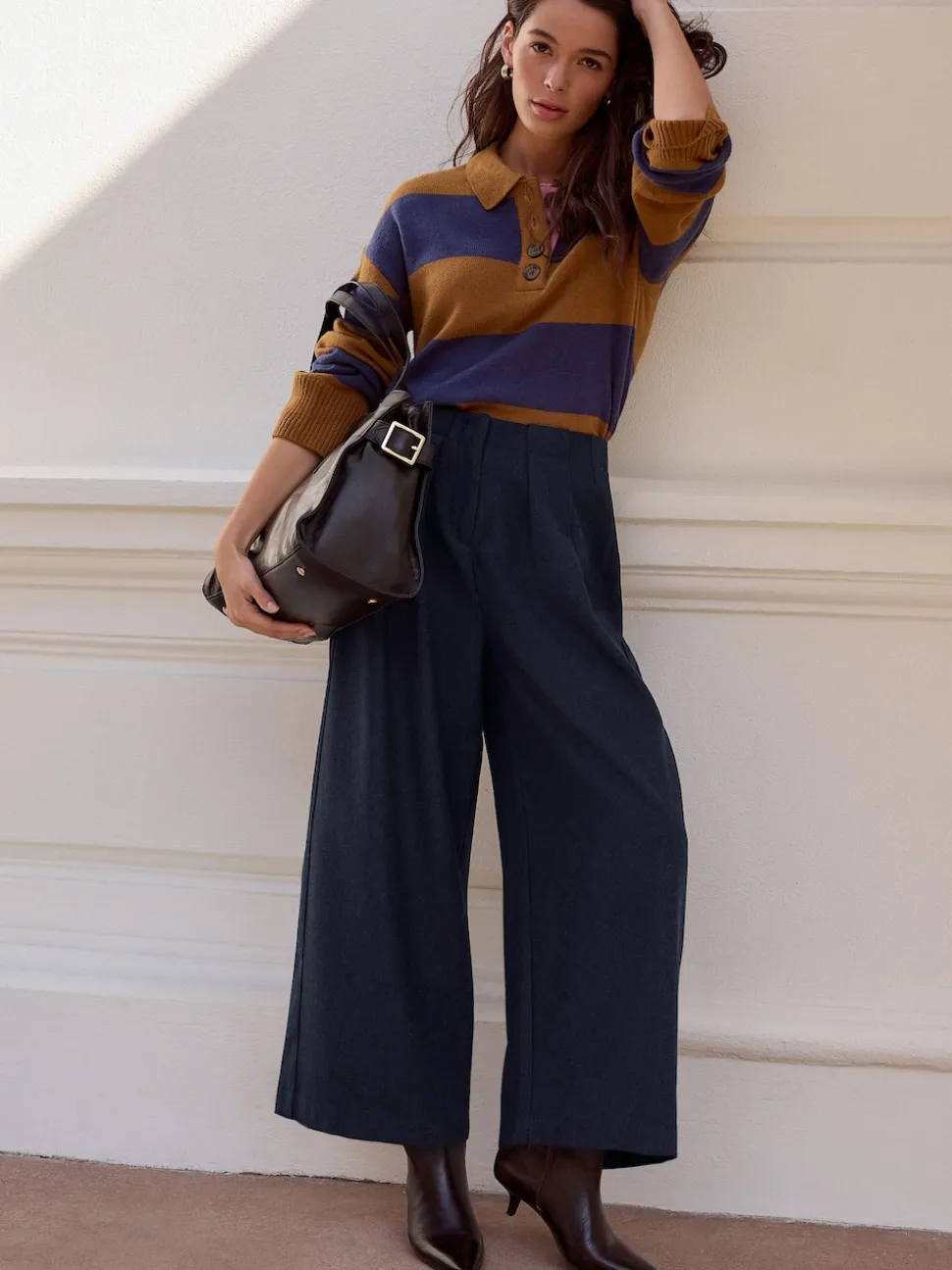 Camel Brown/Blue Stripe 100% Wool N.Premium Polo Jumper