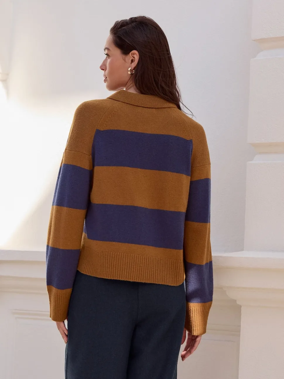 Camel Brown/Blue Stripe 100% Wool N.Premium Polo Jumper