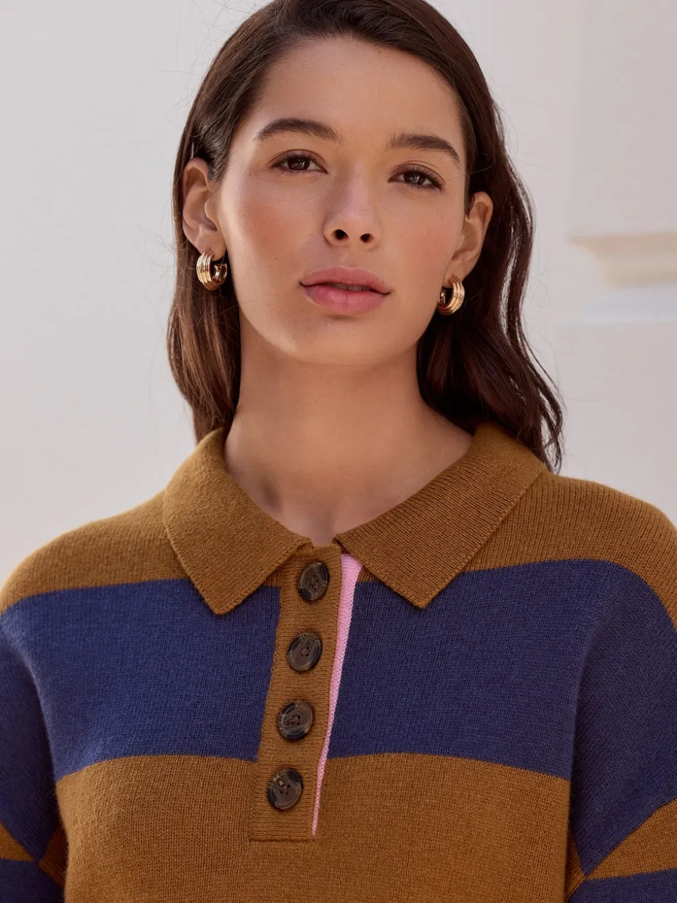 Camel Brown/Blue Stripe 100% Wool N.Premium Polo Jumper