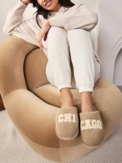Camel Chicago Cord Slogan Mule Slippers