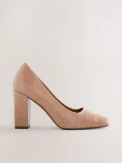 Camel Croc Effect Forever Comfort® Square Toe Court Block Heels