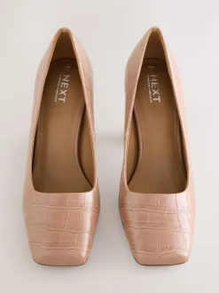 Camel Croc Effect Forever Comfort® Square Toe Court Block Heels