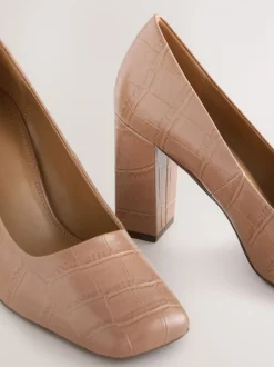 Camel Croc Effect Forever Comfort® Square Toe Court Block Heels