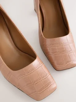 Camel Croc Effect Forever Comfort® Square Toe Court Block Heels