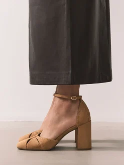 Camel Forever Comfort® Leather Block Heels With Ankle Strap