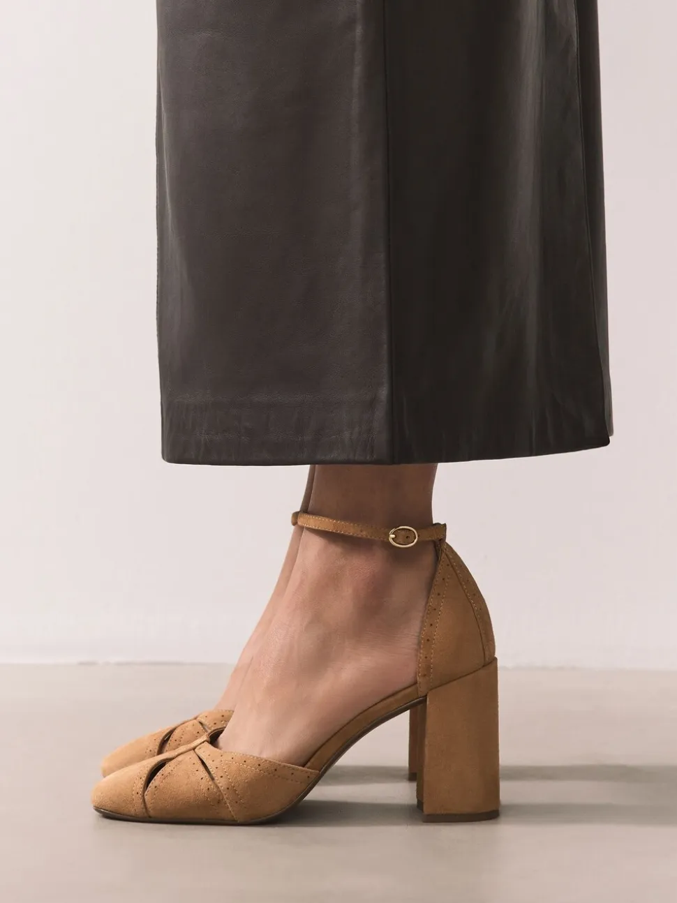 Camel Forever Comfort® Leather Block Heels With Ankle Strap