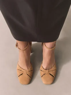 Camel Forever Comfort® Leather Block Heels With Ankle Strap