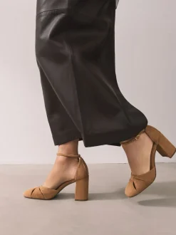Camel Forever Comfort® Leather Block Heels With Ankle Strap