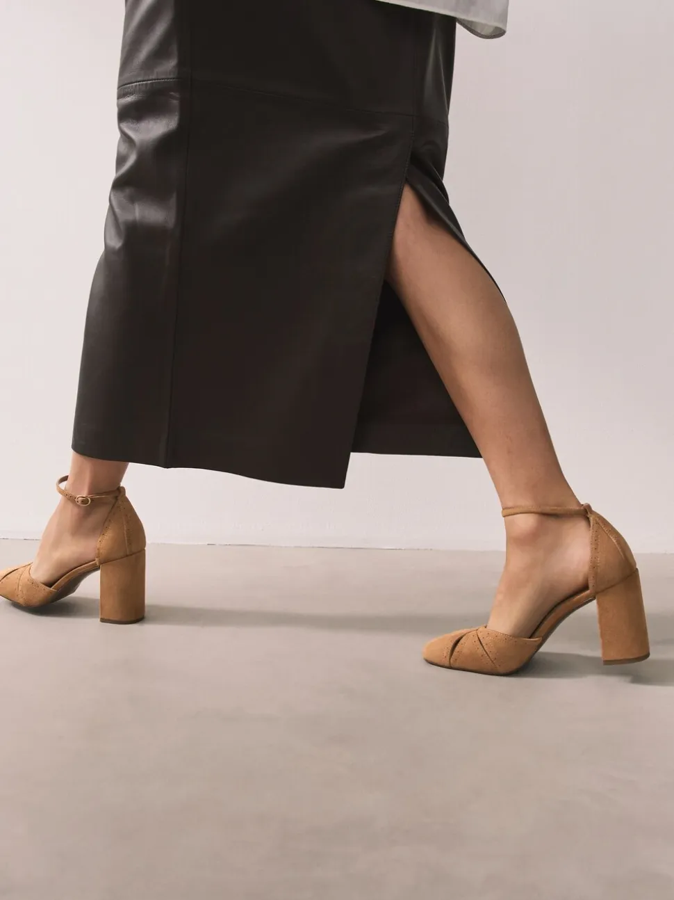 Camel Forever Comfort® Leather Block Heels With Ankle Strap