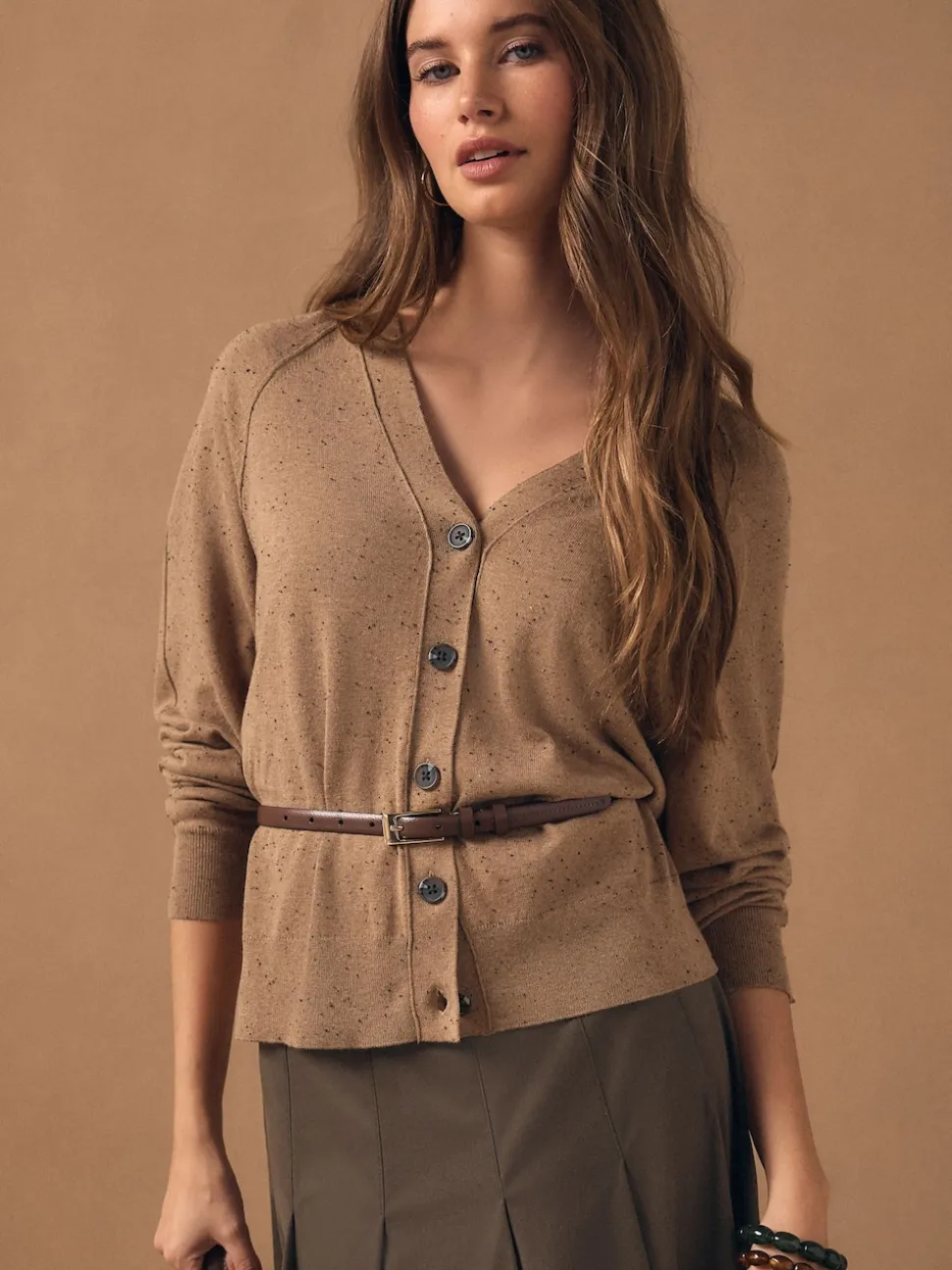 Camel Neppy Soft Touch V-Neck Cotton Rich Button Up Cardigan