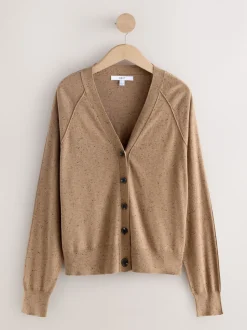 Camel Neppy Soft Touch V-Neck Cotton Rich Button Up Cardigan