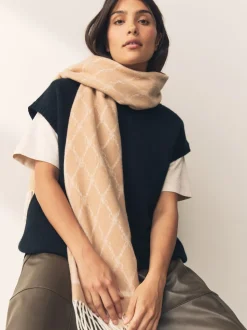 Camel Premium Made in Italy Jacquard Monogram 100% Wool Midweight Scarf