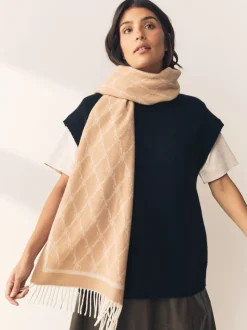 Camel Premium Made in Italy Jacquard Monogram 100% Wool Midweight Scarf