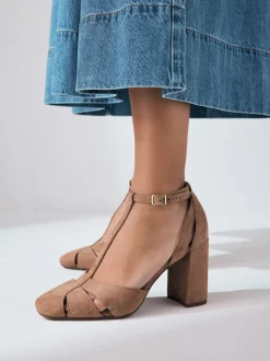Camel Suede Leather Round Toe Cut Out T-Bar Block Heel Shoes