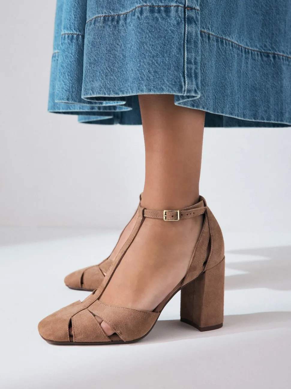 Camel Suede Leather Round Toe Cut Out T-Bar Block Heel Shoes