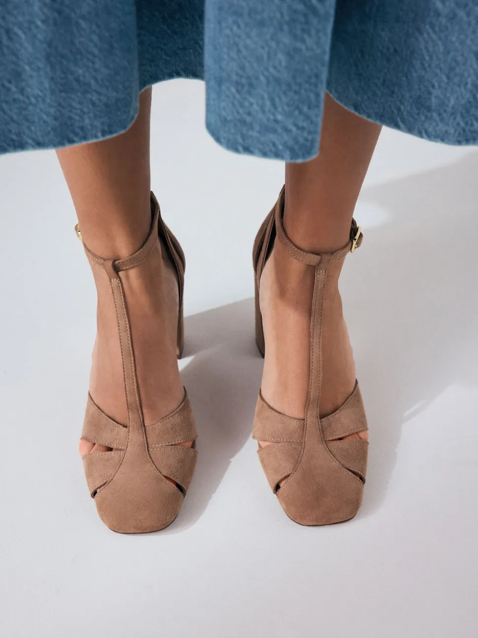 Camel Suede Leather Round Toe Cut Out T-Bar Block Heel Shoes