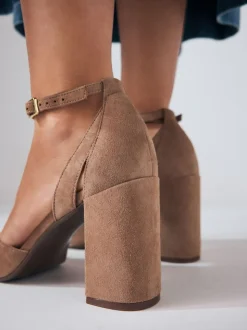 Camel Suede Leather Round Toe Cut Out T-Bar Block Heel Shoes
