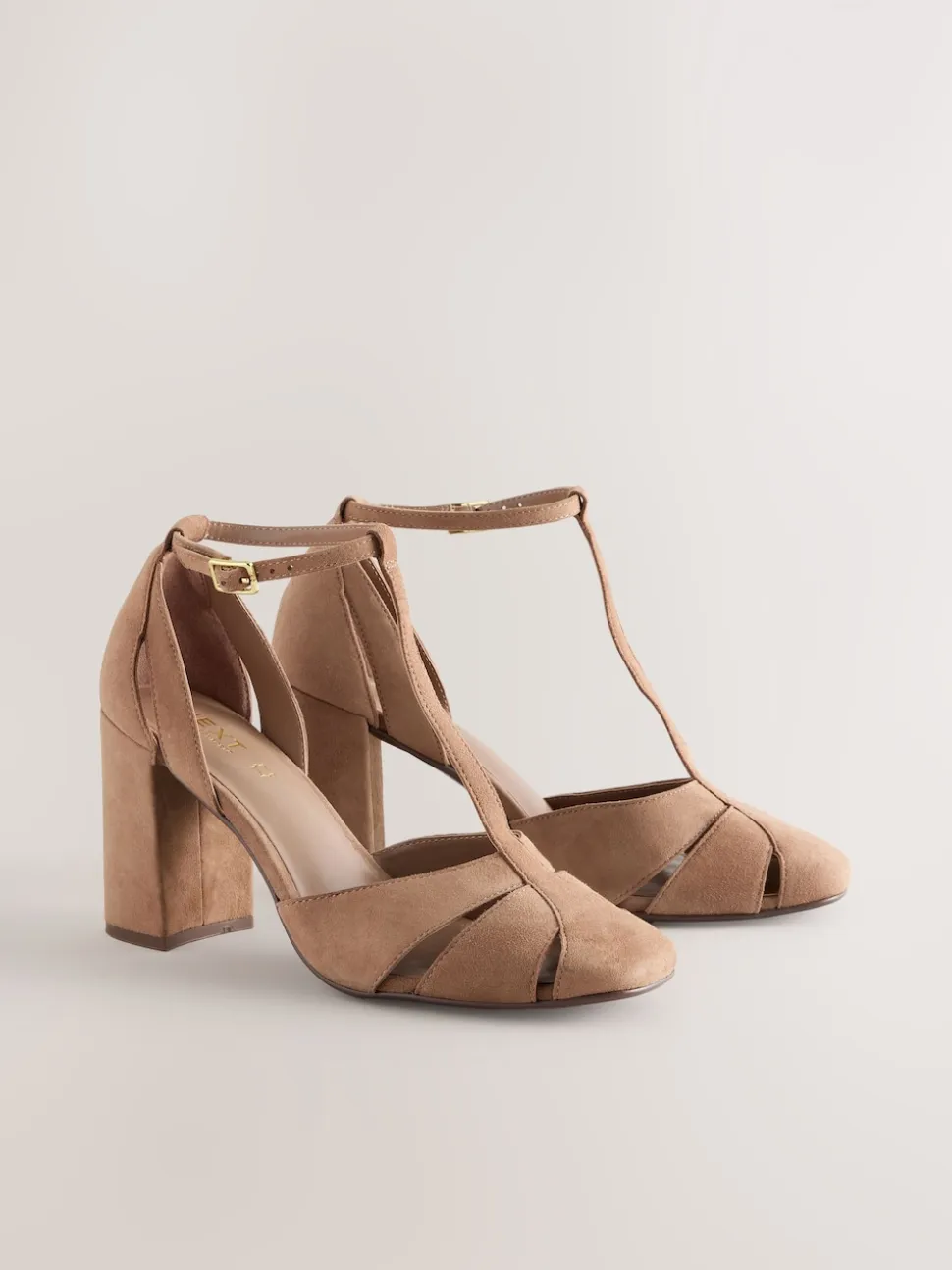 Camel Suede Leather Round Toe Cut Out T-Bar Block Heel Shoes