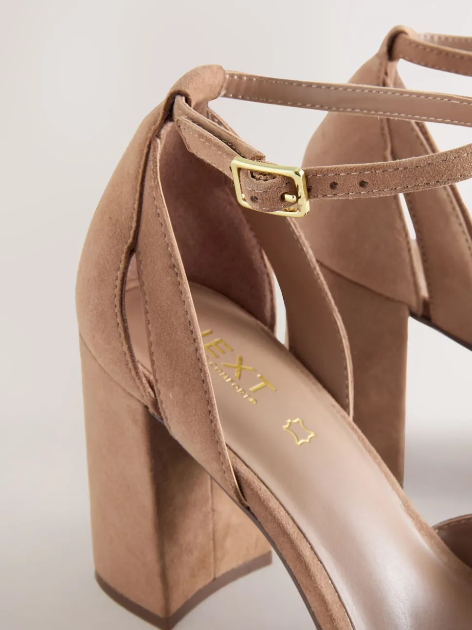 Camel Suede Leather Round Toe Cut Out T-Bar Block Heel Shoes