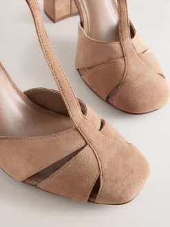 Camel Suede Leather Round Toe Cut Out T-Bar Block Heel Shoes