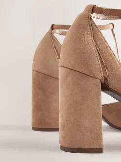 Camel Suede Leather Round Toe Cut Out T-Bar Block Heel Shoes