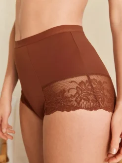Caramel Nude Print Tummy Control Shaping Lace Back Brazilian Knickers 2 Pack