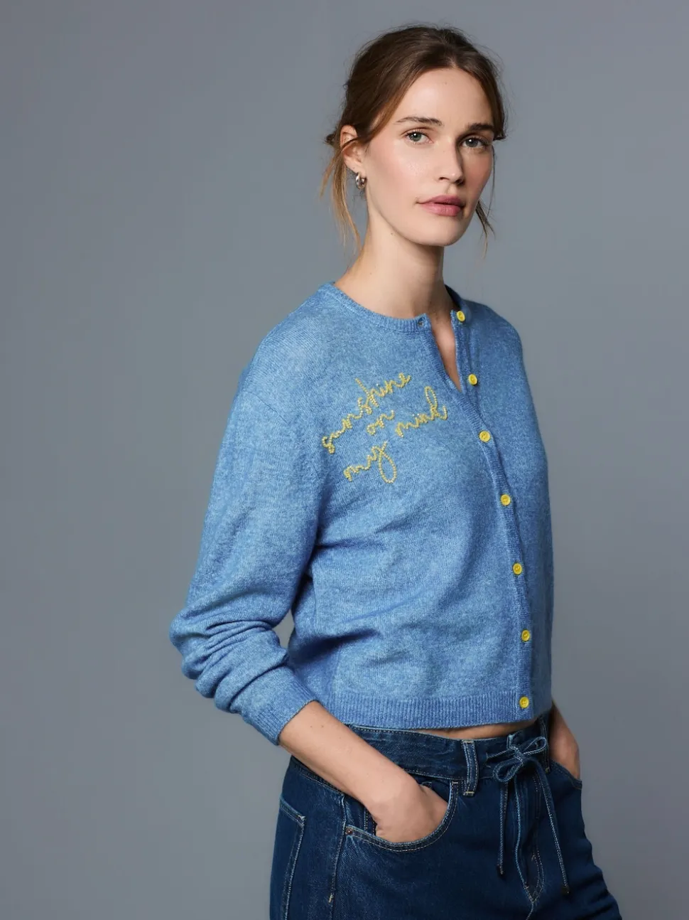Chambray Blue Embellished Crew Neck Knitted Cardigan With Wool
