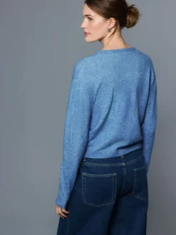 Chambray Blue Embellished Crew Neck Knitted Cardigan With Wool