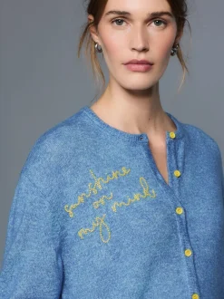 Chambray Blue Embellished Crew Neck Knitted Cardigan With Wool
