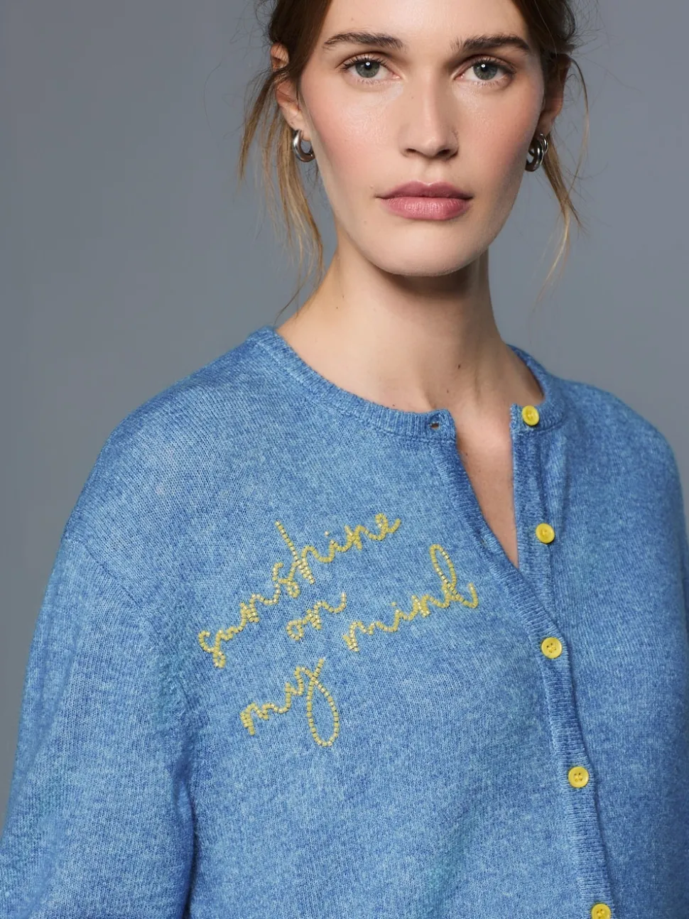 Chambray Blue Embellished Crew Neck Knitted Cardigan With Wool