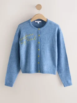 Chambray Blue Embellished Crew Neck Knitted Cardigan With Wool