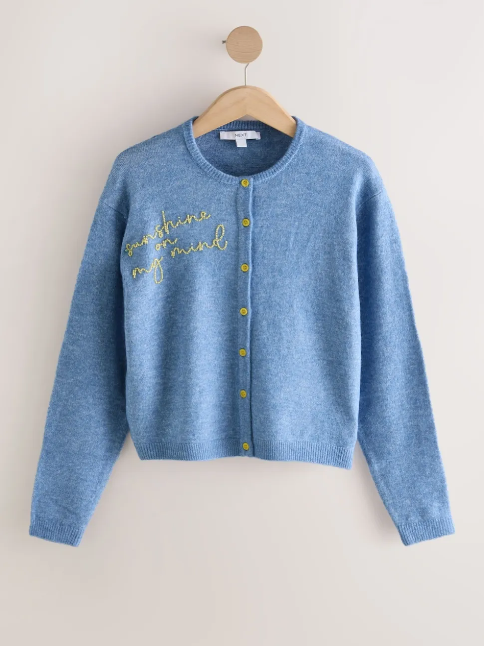 Chambray Blue Embellished Crew Neck Knitted Cardigan With Wool