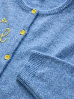 Chambray Blue Embellished Crew Neck Knitted Cardigan With Wool