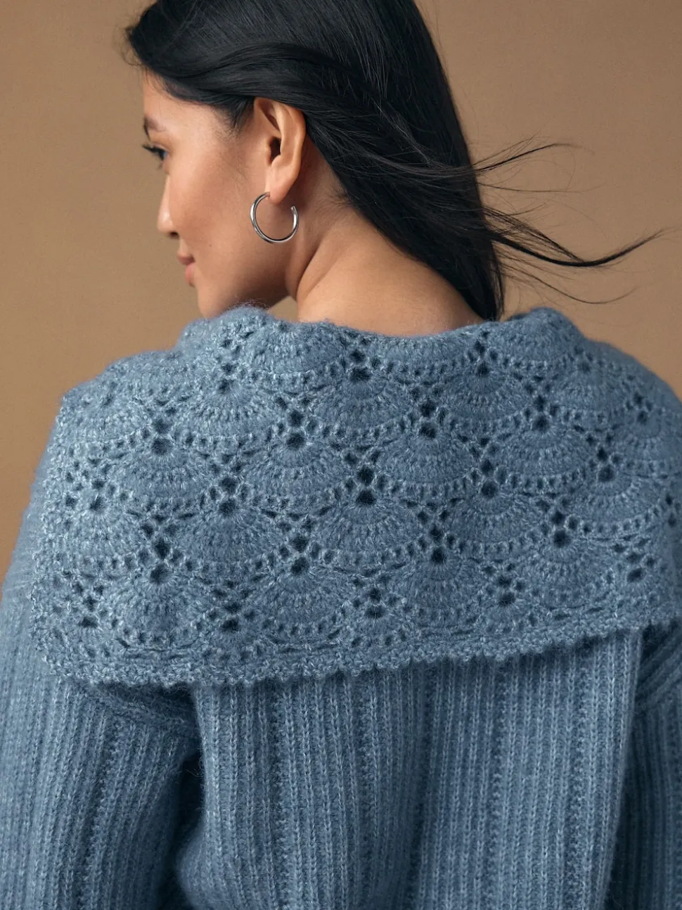 Chambray Blue Ribbed Knit Jumper With Crochet Sailor Collar
