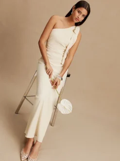 Champagne Bow One Shoulder Maxi Bridesmaid Dress
