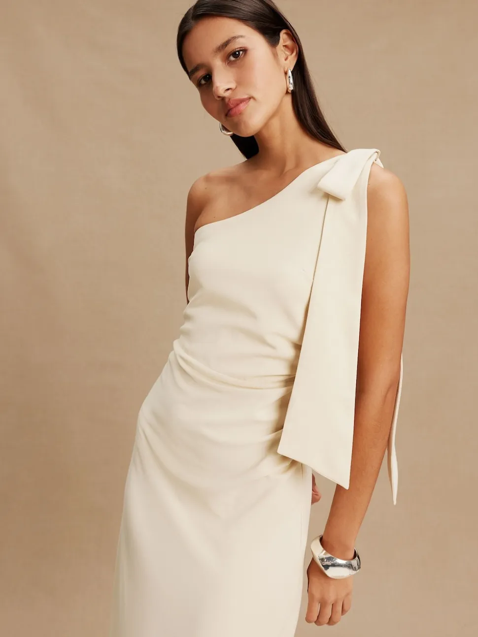 Champagne Bow One Shoulder Maxi Bridesmaid Dress