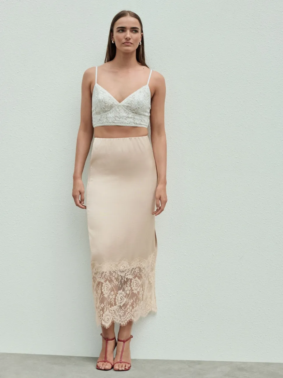 Champagne Gold Satin Midi Skirt With Lace Trim