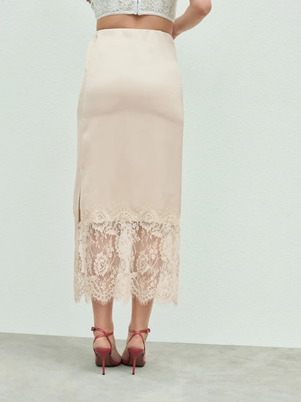 Champagne Gold Satin Midi Skirt With Lace Trim