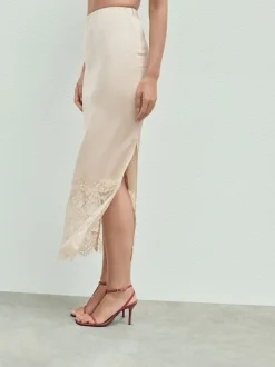 Champagne Gold Satin Midi Skirt With Lace Trim