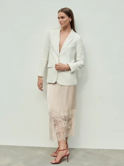 Champagne Gold Satin Midi Skirt With Lace Trim