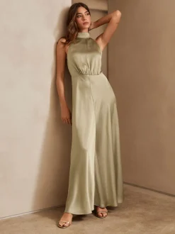 Champagne Gold Textured Satin Halter Sleeveless Midi Dress